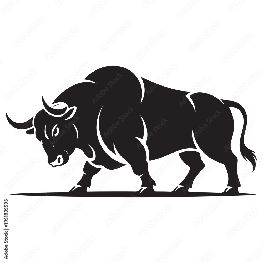 Obraz premium A powerful black bull stands poised head lowered displaying strength and determination silhouette
