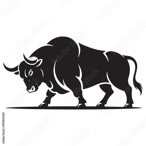 A powerful black bull stands poised head lowered displaying strength and determination silhouette