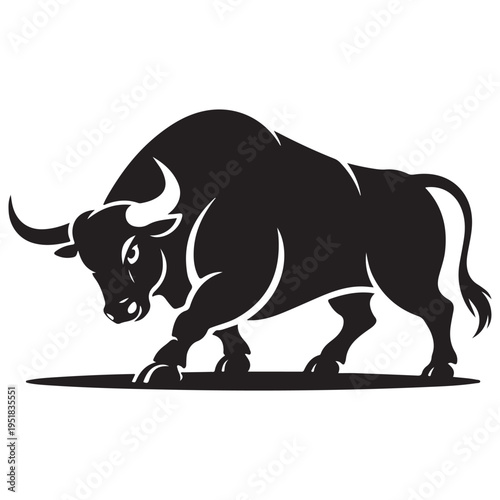 A powerful black bull stands poised head lowered displaying strength and determination silhouette