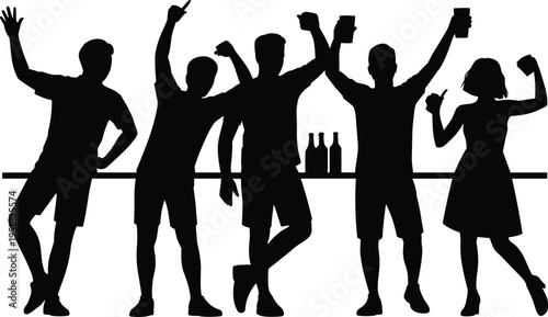 Bar counter silhouette illustration, five people celebrating with raised arms and drinks, festive social gathering theme, vector art, black isolated bold design for nightlife visuals