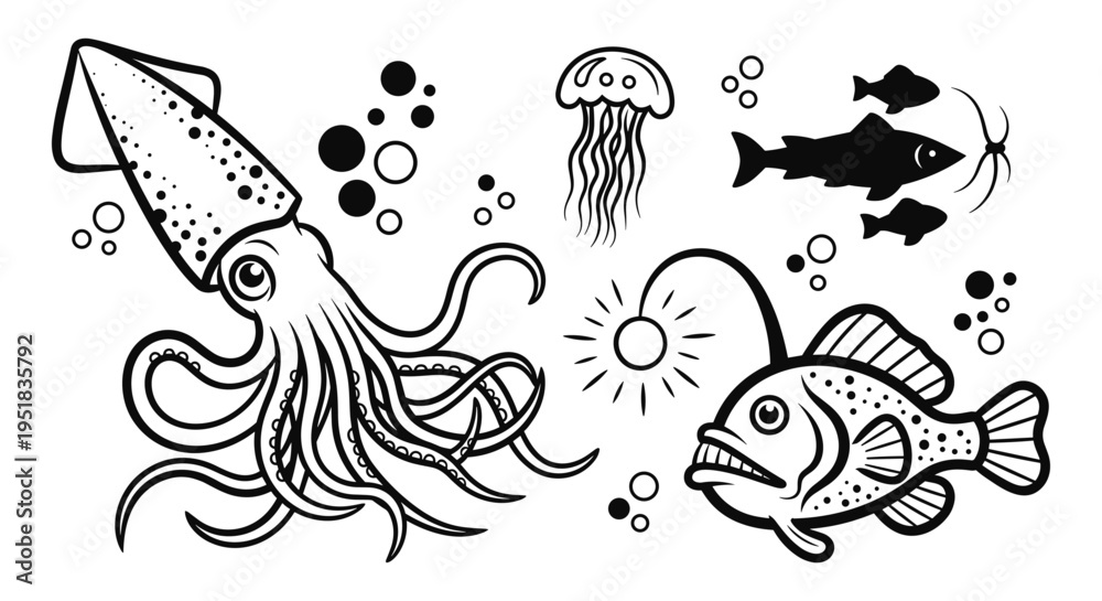 Fototapeta premium Ocean Creatures Line Art Collection