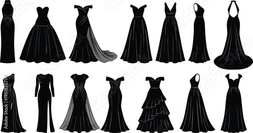 Set of elegant black evening gown silhouettes featuring various necklines like halter, off-shoulder, sweetheart, and mermaid styles for formal fashion design
