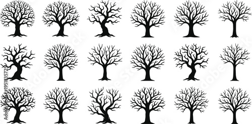 Set of dead tree silhouettes featuring bare branches, winter oaks, and gnarled trunks for spooky Halloween themes and nature landscape design