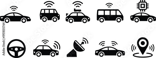 Autonomous vehicle icon set illustration, connected cars with wireless signals, GPS navigation, satellite communication, smart transportation theme, vector art, black isolated bold design