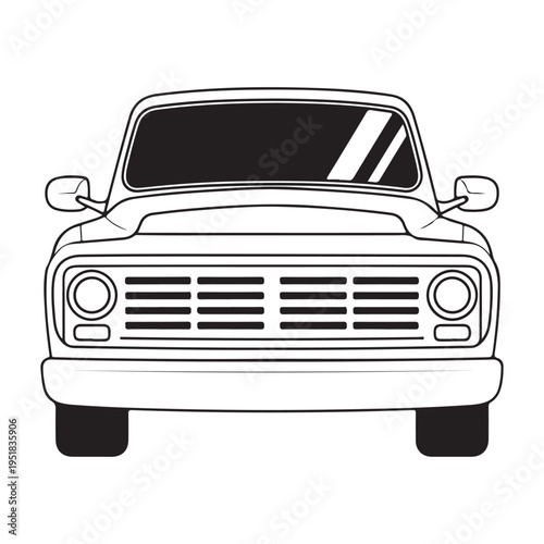 A detailed front view illustration of a classic pickup truck in black and white silhouette