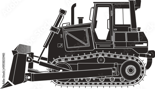 Black silhouette vector of a heavy industrial bulldozer crawler tractor with front blade for earthmoving and soil leveling on a construction building site