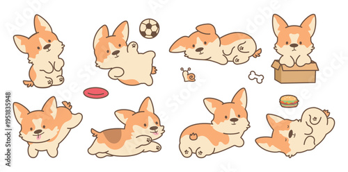 Funny kawaii puppies. Cute corgi puppy play, sitting in cardboard box, sleeping. Stickers with adorable dogs, children cartoon pets mascots, nowaday vector clipart