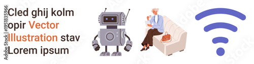 Futuristic technology, family care, generational connection, artificial intelligence, digital communication, education. Elderly woman holding a baby, robot icon and wireless symbol. Futuristic