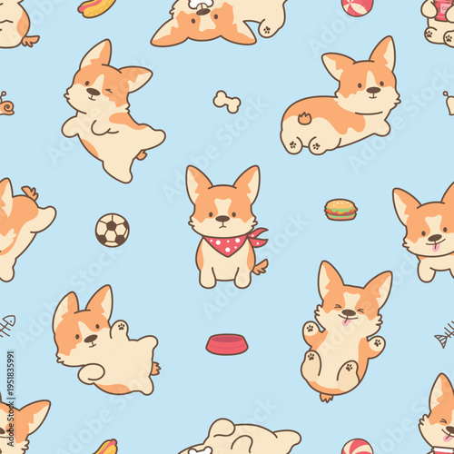 Kawaii puppy seamless pattern. Red corgi, funny puppies, burger, ball. Adorable dogs print template for fabric, textile, wallpaper, nursery nowaday vector background