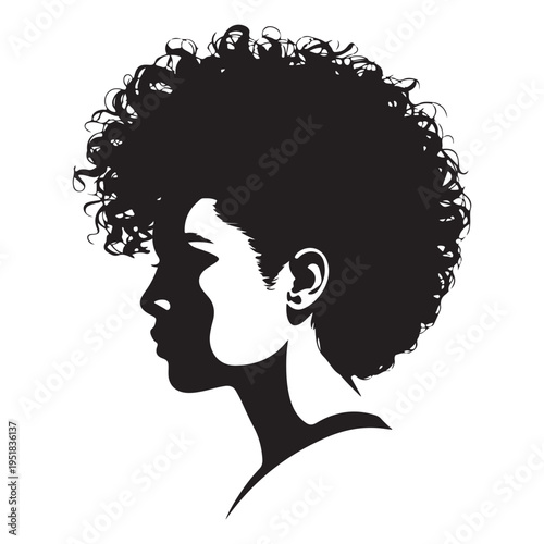 A striking profile of a woman with voluminous curly hair rendered as a silhouette