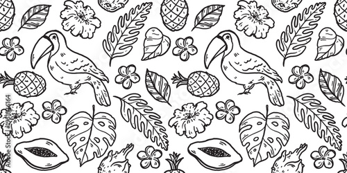 Seamless tropical doodle pattern. Hand drawn palm leaves monstera, flamingo, toucan, exotic flowers, fruits. Black and white line art vector background