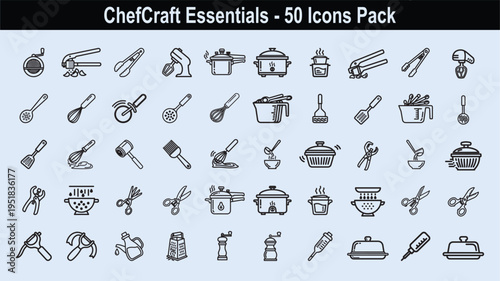 Chefcraft essentials icon pack featuring fifty kitchen tools and cooking equipment for culinary professionals