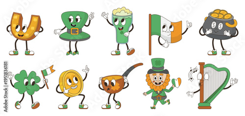 Saint patricks day groovy characters. Green had and ale beer glass, gold coins, shamrock or clover, ireland flag and cauldron pot, neoteric vector set