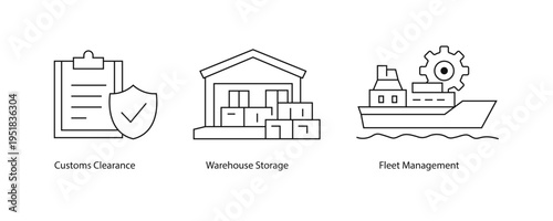 Customs, Clearance, Warehouse, Storage, Fleet Management icons. logistics warehouse, transport, logistics, distribution, logistics