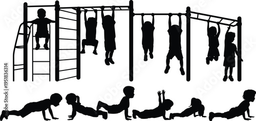 Children activity silhouette illustration, playground climbing and monkey bars with floor exercises, fitness and play theme, vector art, black isolated bold design for lifestyle visuals