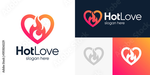 Hot love logo design. Heart love design graphic with flame fire vector illustration. Symbol, icon, creative.