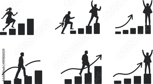 Business progress silhouette illustration, people climbing bar charts and arrows symbolizing growth, success, achievement, career development theme, vector art, black isolated bold design