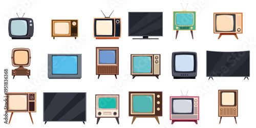 Retro and modern television. Old style televisions with tube glass screens in wide housings. Flat modern narrow tv, curved screen without frame, sapid vector set