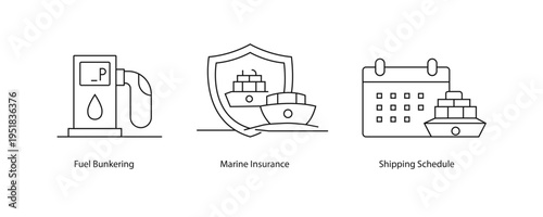 Marine, Insurance, Shipping, Schedule, Fuel, Bunkering icons. port logistics, bunkering, marine fuel service, oil tanker