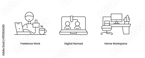 Freelance Work, Digital Nomad, Home Workspace icons. online income, remote career, contract, laptop, flexible job