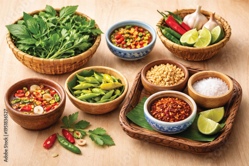 Thai Food Garnish Set in Traditional Containers Isolated – Herbal Leaves, Chili, Lime and Condiments