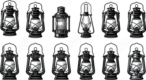 Set of vintage kerosene lantern icons featuring rustic oil lamps, antique camping lights, traditional gas burners, and classic woodcut style illustrations