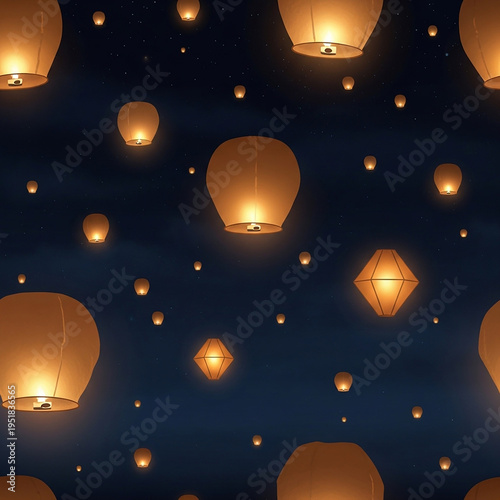 Glowing lanterns float peacefully in a serene nighttime sky filled with darkness