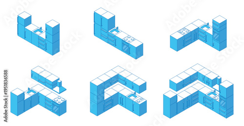 Isometric line kitchen design. Various kitchen furniture, cabinets and electronics. Cooking area 3d combinations, home interior, nifty vector set