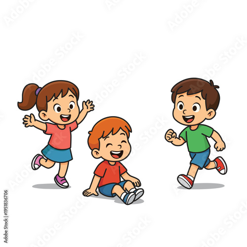 Kids playing together joyfully in a simple generic space. Suitable for educational materials, childrens books, and familyrelated designs.