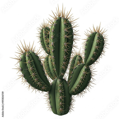 A sharp green succulent cactus with thorns isolated on a white background showcasing macro details of desert nature and flora