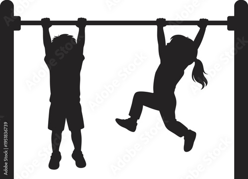 Children playing silhouette illustration, two kids hanging from horizontal bar with playful poses, childhood activity theme, vector art, black isolated bold design for lifestyle visuals