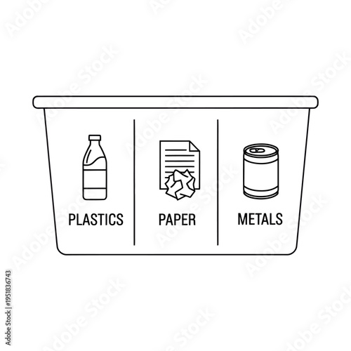 Recycling bin with plastic, paper, and metal waste compartments for eco-friendly sorting