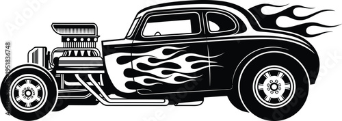 Classic hot rod car silhouette illustration, vintage coupe body with exposed engine, oversized rear tires, flame decals, automotive culture theme, vector art, black isolated bold design