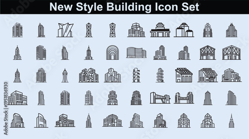 New style building icon set: contemporary collection of modern architectural structures