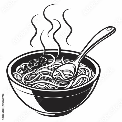 Steaming bowl of delicious ramen noodles with spoon, hot Asian cuisine illustration, perfect for food blogs, menus, and culinary marketing, black and white vector graphic