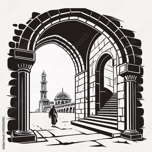 Black and white vector illustration of an ancient stone archway leading to a mosque with a minaret and a lone figure walking, depicting historical architecture and cultural heritage.