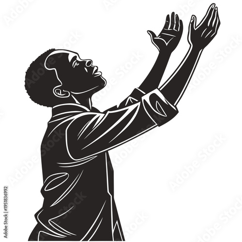 Black and white vector illustration of a young man looking up with hands raised in prayer, worship, or supplication, isolated on a white background, ideal for religious, spiritual