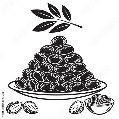 Monochromatic vector illustration of a large pile of whole dates on a plate with a date palm branch, and additional dates, including a bowl of shredded coconut, perfect for food packaging, menus