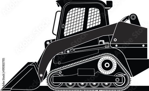 Construction equipment silhouette illustration, compact track loader with bucket and rubber tracks, heavy machinery theme, vector art, black isolated bold design for industrial visuals