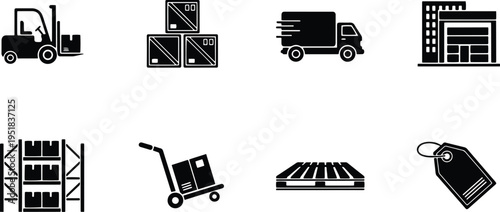 A set of vector line art silhouettes depicting various logistics and warehouse icons on a white background