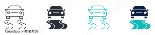 Car skid icons, vehicle drifting on slippery road symbol, driving safety and traction control icon in line and silhouette style, vector illustration