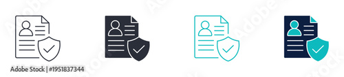 Identity protection icons, personal data document with shield symbol, user privacy security icon in line and silhouette style, vector illustration