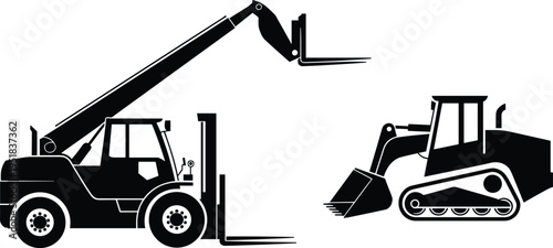 Construction equipment silhouette illustration, telehandler forklift with extendable boom and compact track loader with bucket, industrial machinery theme, vector art, black isolated bold design