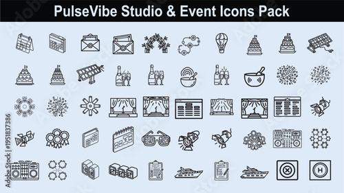 Entertainment production and event coordination icons featuring stage equipment and celebration symbols