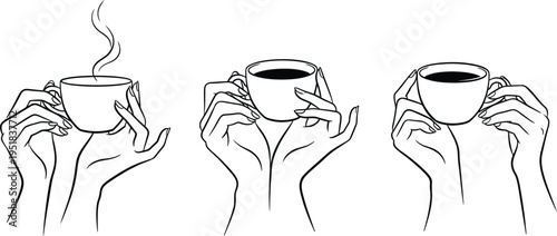 Female hands holding coffee cup set in minimalist line art style