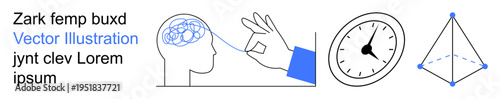 Creativity, time management, abstract thinking, decision-making, problem-solving, innovation. Hand pointing to a brain, clock and geometric shape. Creativity and time management concept