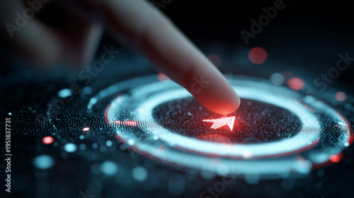 person marketing specialist holding tablet projecting holographic bullseye target with arrow, digital marketing icons surrounding interface.