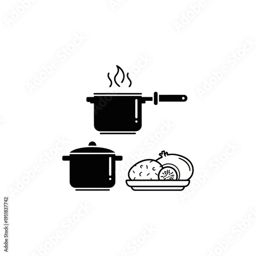 Cooking pots, steamed food, and fresh ingredients icon set