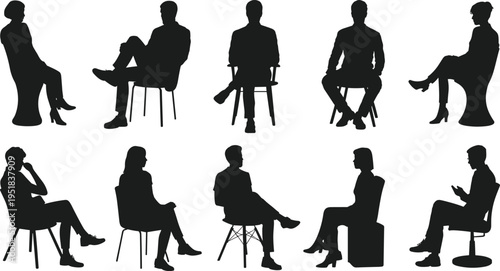 Silhouette people sitting, chair posture icons, body language illustration, modern stool design, ergonomic seating figures, communication gesture silhouettes, seated activity set