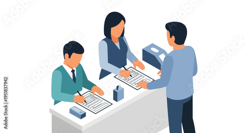 Business people at a desk meeting.